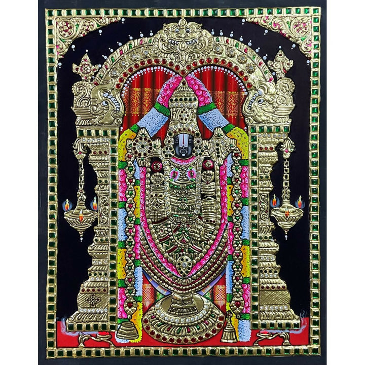 24*18" Balaji Tanjore Painting Authentic with 22 Ct Gold Foil and Jaipur Gemstones, Unframed | SHOBITAM