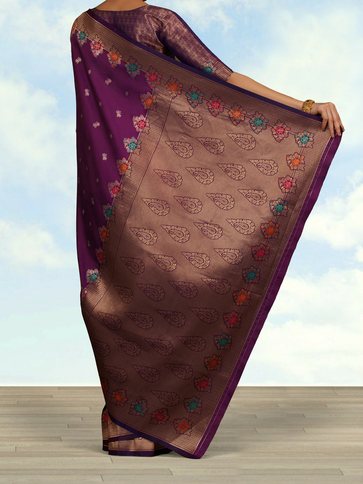Dark Violet Semi Banarasi Silk Blend Saree With Zari Woven Work | SHOBITAM
