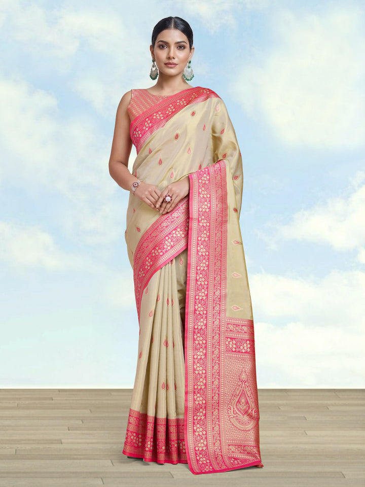 Semi Banarasi Tissue Silk Zari Woven Cream Saree | SHOBITAM