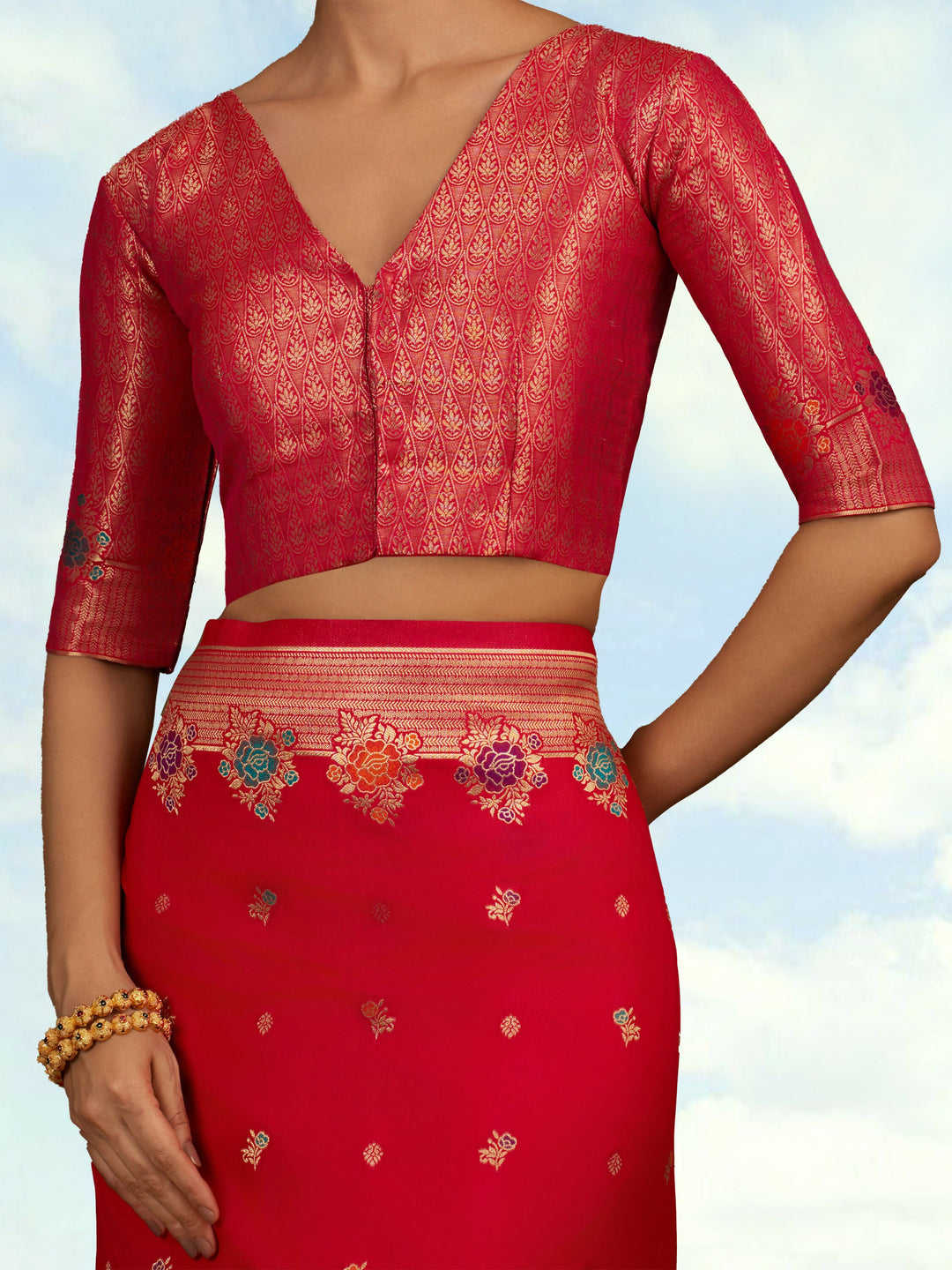 Dark Pink Semi Banarasi Silk Blend Saree With Zari Woven Work | SHOBITAM