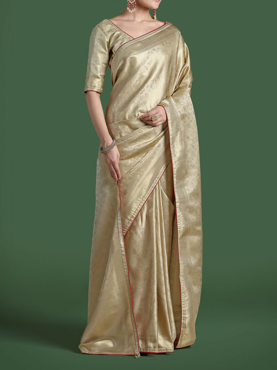 Golden Kanjivaram Satin Silk Woven Saree | SHOBITAM