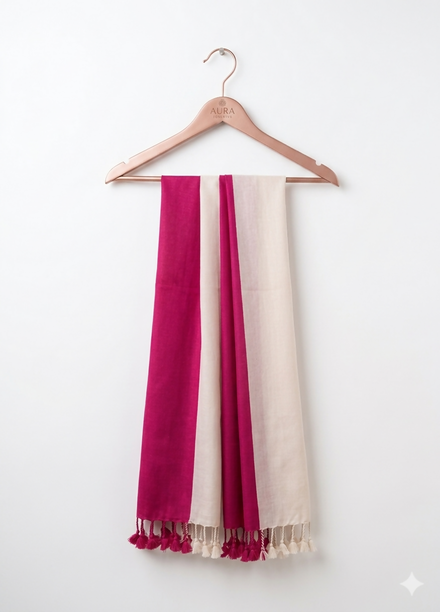 Color block Pink Marino wool handcrafted stole | SHOBITAM
