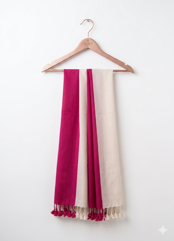 Color block Pink Marino wool handcrafted stole | SHOBITAM