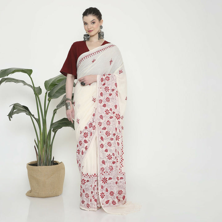 Magnolia Mul cotton saree with Kantha Stitch embroidery | SHOBITAM