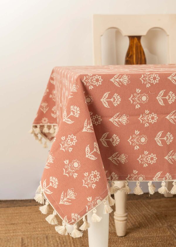 Dahlia Printed 100% cotton floral table cloth for 4 seater or 6 seater dining with tassels - Rust | SHOBITAM