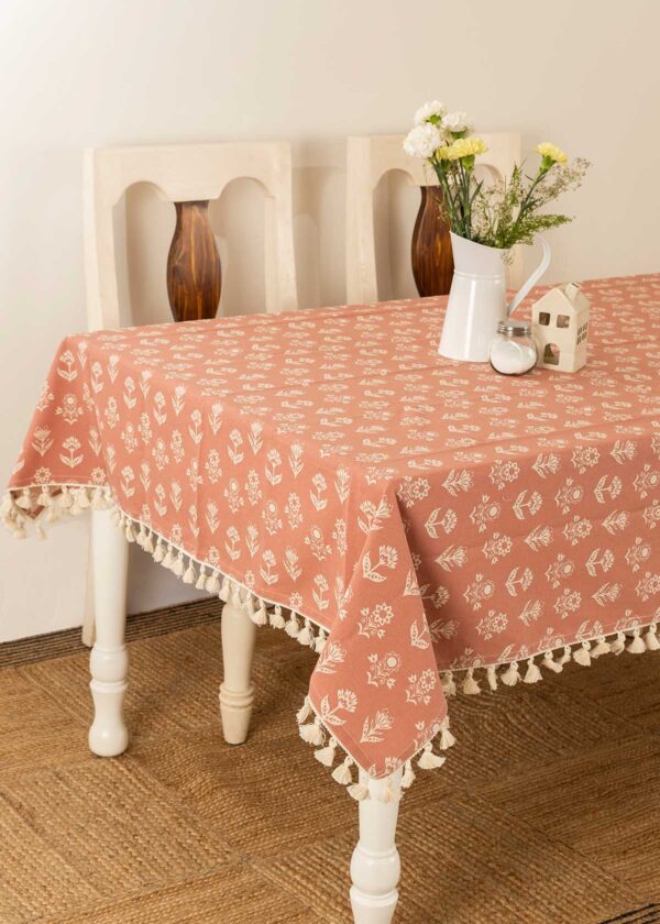 Dahlia Printed 100% cotton floral table cloth for 4 seater or 6 seater dining with tassels - Rust | SHOBITAM