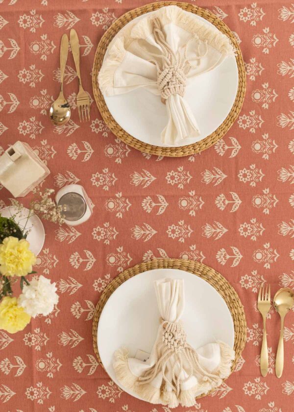 Dahlia Printed 100% cotton floral table cloth for 4 seater or 6 seater dining with tassels - Rust | SHOBITAM