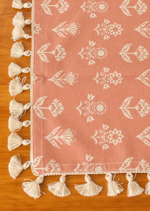Dahlia Printed 100% cotton floral table cloth for 4 seater or 6 seater dining with tassels - Rust | SHOBITAM
