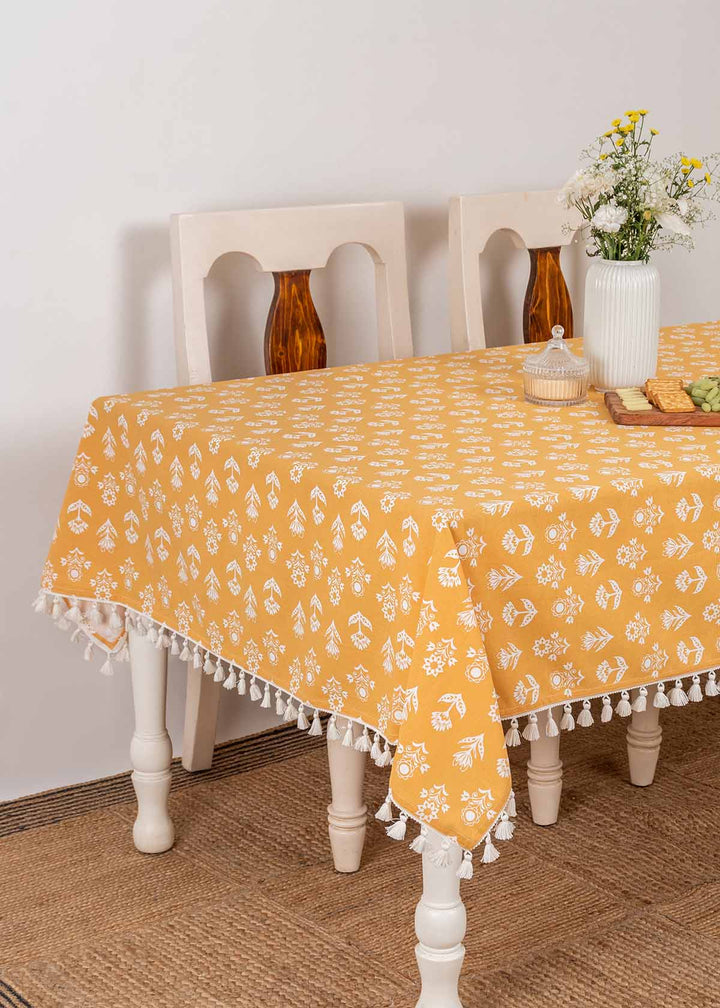 Dahlia Printed 100% cotton floral table cloth for 4 seater or 6 seater dining - Mustard|SHOBITAM