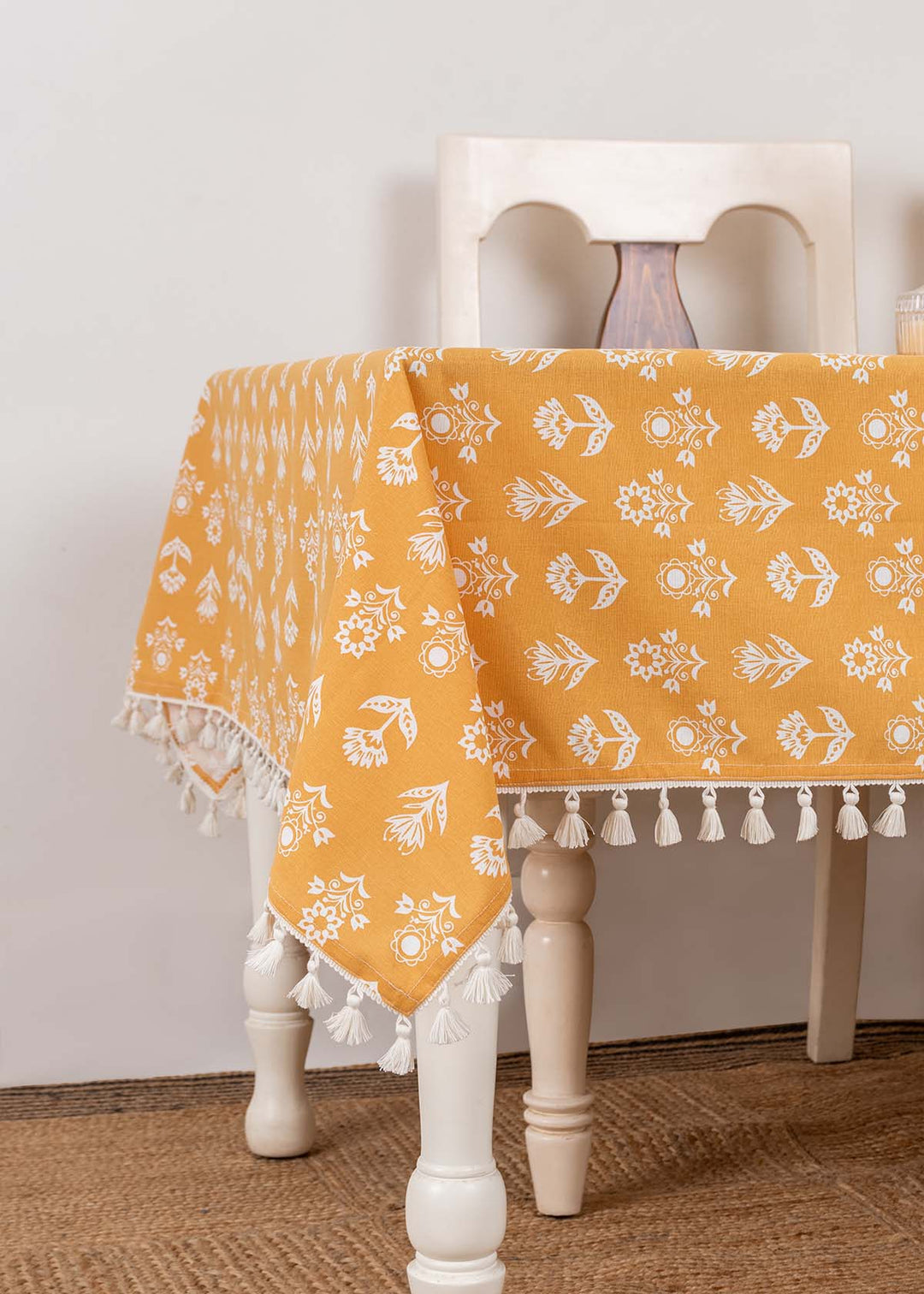 Dahlia Printed 100% cotton floral table cloth for 4 seater or 6 seater dining - Mustard|SHOBITAM