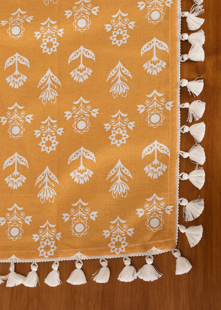 Dahlia Printed 100% cotton floral table cloth for 4 seater or 6 seater dining - Mustard|SHOBITAM