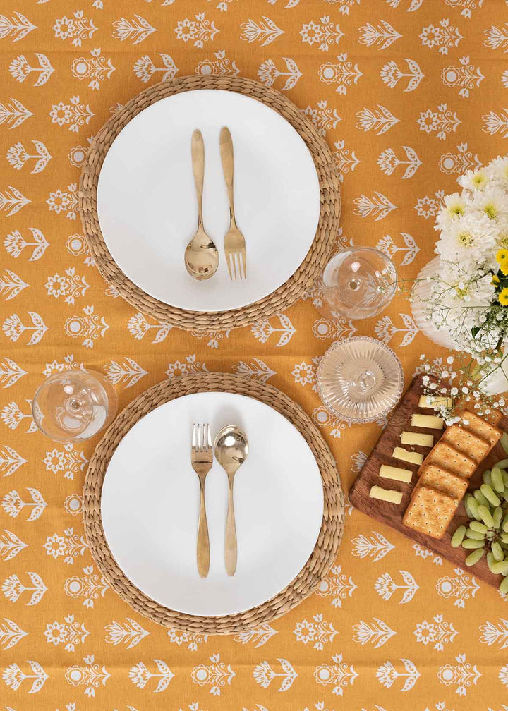 Dahlia Printed 100% cotton floral table cloth for 4 seater or 6 seater dining - Mustard|SHOBITAM