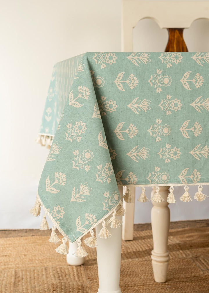Dahlia Printed 100% cotton floral table cloth for 4 seater or 6 seater dining - Nile Blue|SHOBITAM