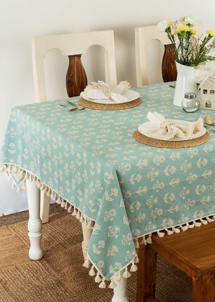 Dahlia Printed 100% cotton floral table cloth for 4 seater or 6 seater dining - Nile Blue|SHOBITAM