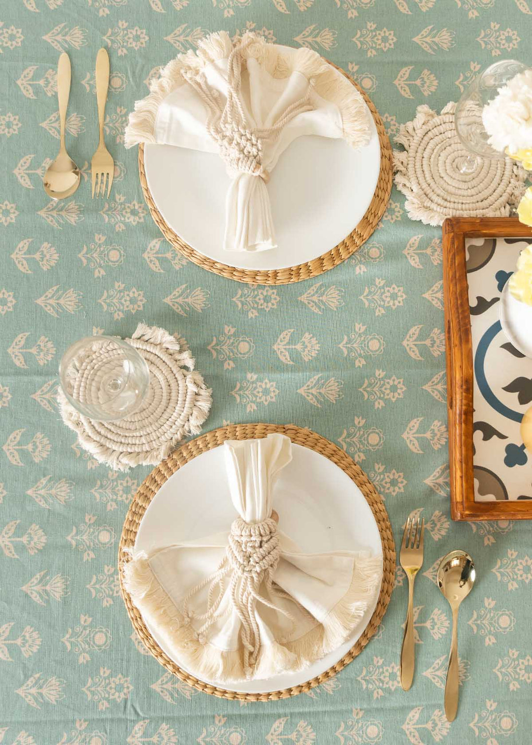 Dahlia Printed 100% cotton floral table cloth for 4 seater or 6 seater dining - Nile Blue|SHOBITAM