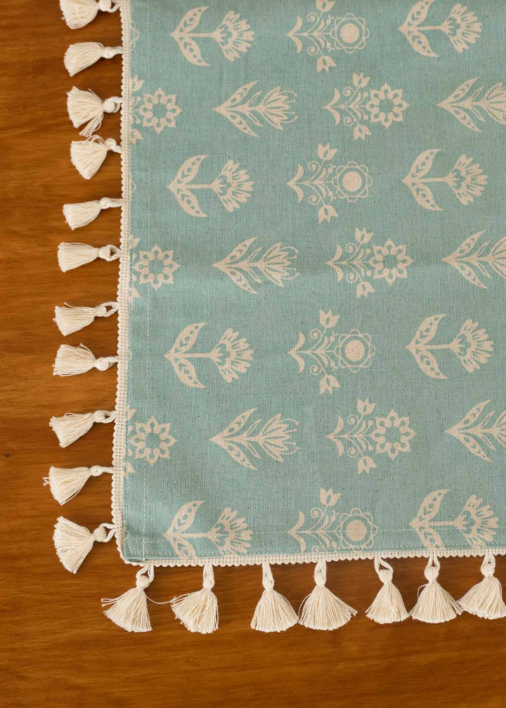 Dahlia Printed 100% cotton floral table cloth for 4 seater or 6 seater dining - Nile Blue|SHOBITAM