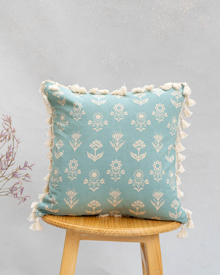100% Pure Cotton Cushion Cover in Heather Blue with Dahlia Print and tassels, Size Options available