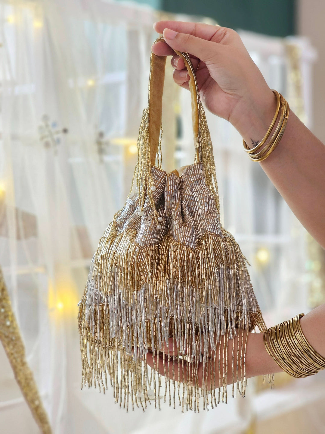 Dazzle Potli Gold Beads and Embroidered Bag