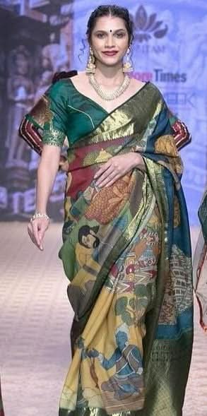 Grand Chola Theme Authentic Pen Kalamkari Saree on Pure Silk Kanjivaram with Contrast Green border| SILK MARK CERTIFIED | SHOBITAM