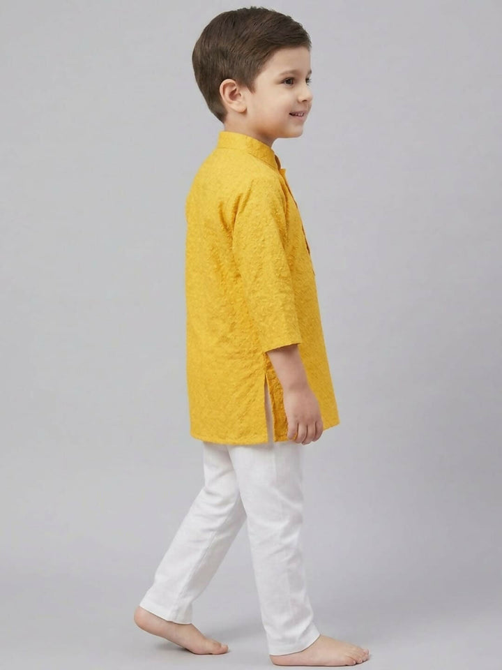 Boys Yellow Textured Kurta Pajama Set | Ethnic Wear for Kids | SHOBITAM