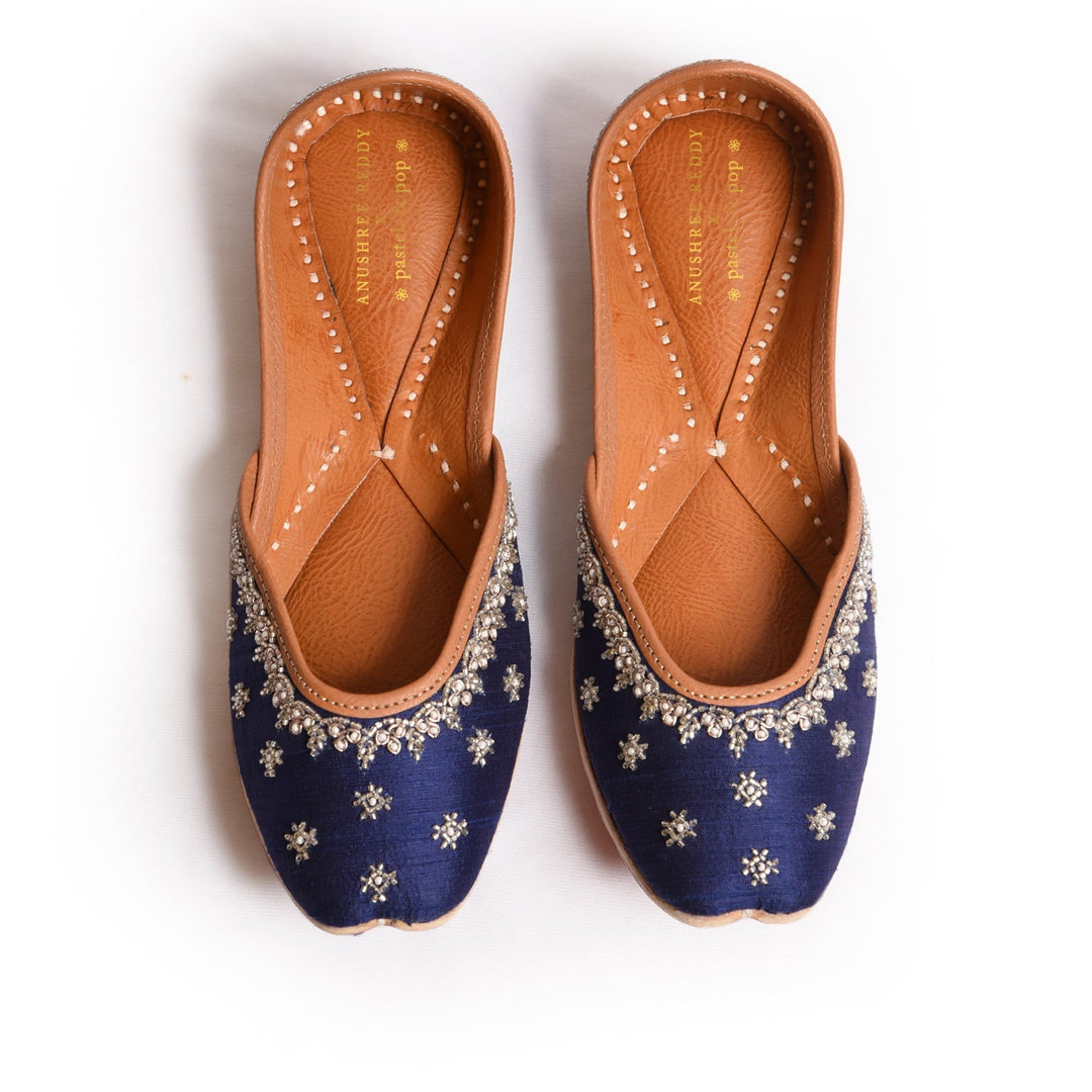 ALIZEH : Pastels and Pop X Anushree Reddy Navy Blue and Silver Embroidered Punjabi Juttis