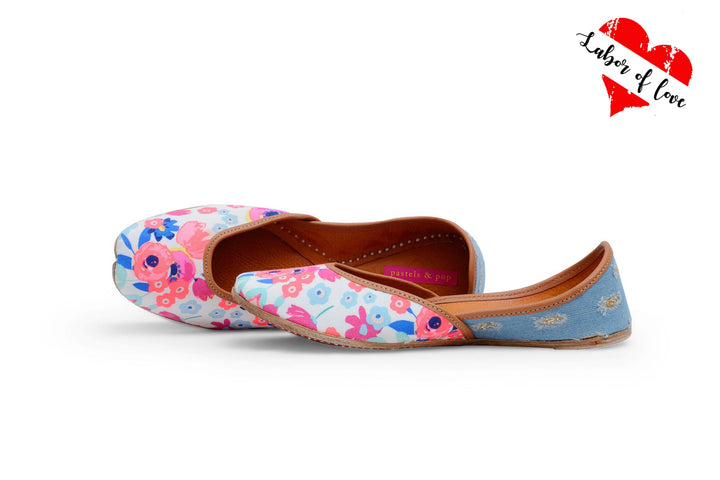 BOUQUET Multicolor Floral and Light Blue Denim Punjabi Juttis | SHOBITAM