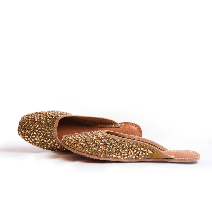GOLDEN SYMPHONY Mustard Gold Crystal Punjabi Juttis