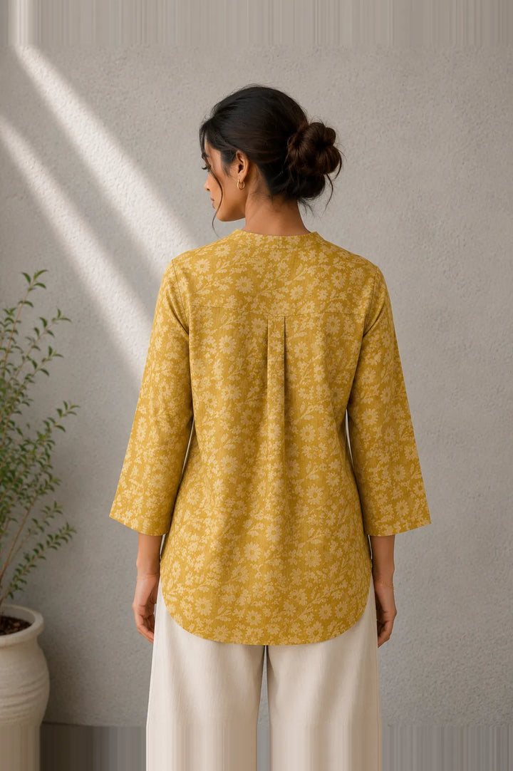 Mustard Hand Batik Khadi Cotton Top | SHOBITAM