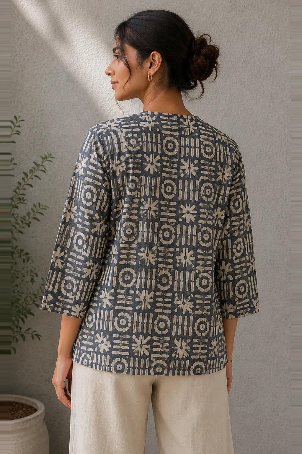 Stone Blue Hand Batik Khadi Cotton Top | SHOBITAM