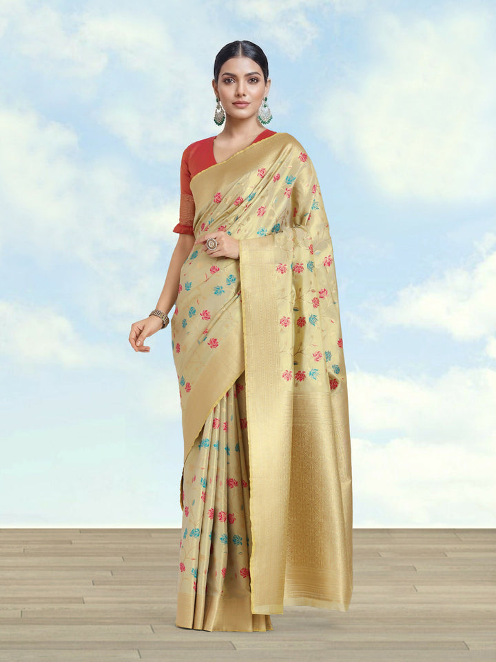 Cream Semi Banarasi tissue silk saree | SHOBITAM