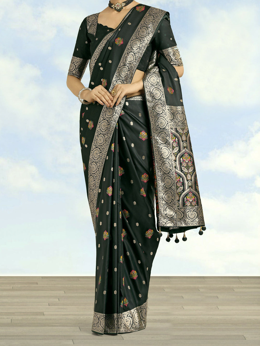 Dark Green Banarasi Zari Woven Satin Silk Saree | SHOBITAM