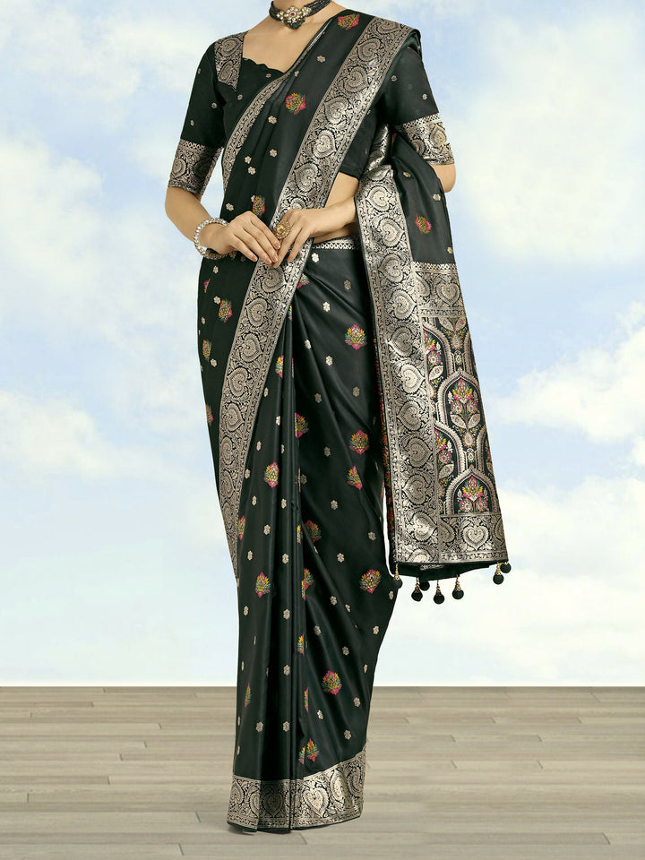 Dark Green Banarasi Zari Woven Satin Silk Saree | SHOBITAM