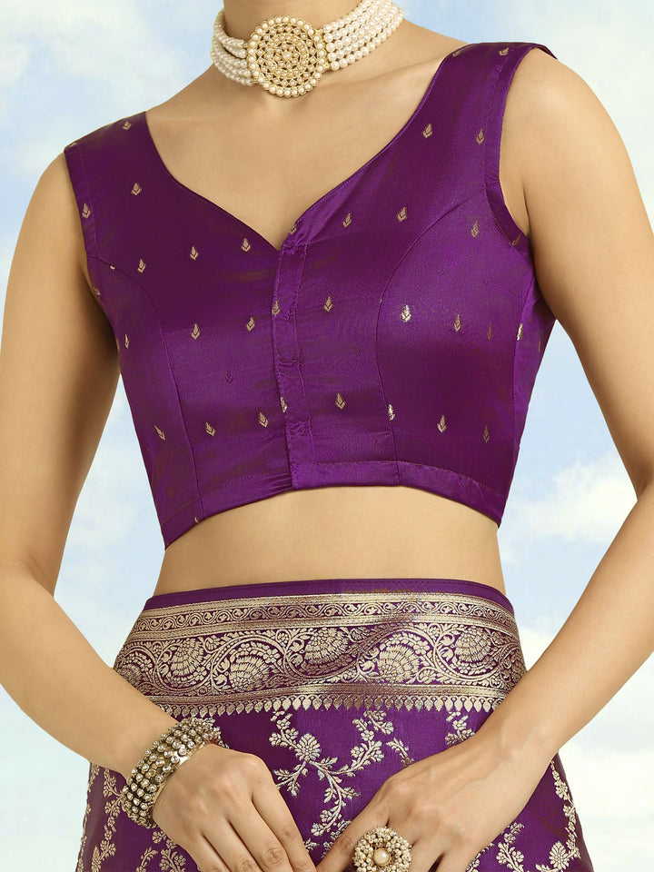 Purple Banarasi Satin Silk Golden Meenakari Work Saree | SHOBITAM