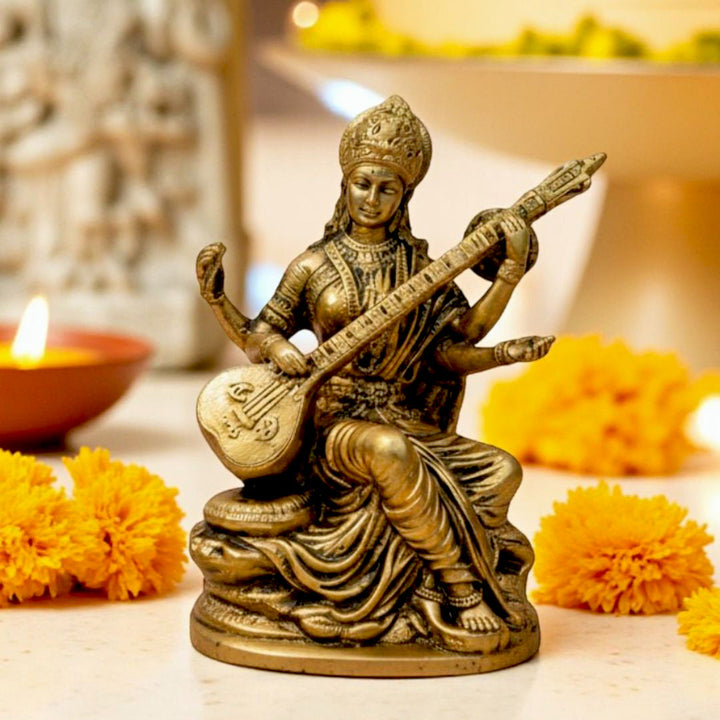 Handcrafted Brass Maa Saraswati Idol for Car Dashboard