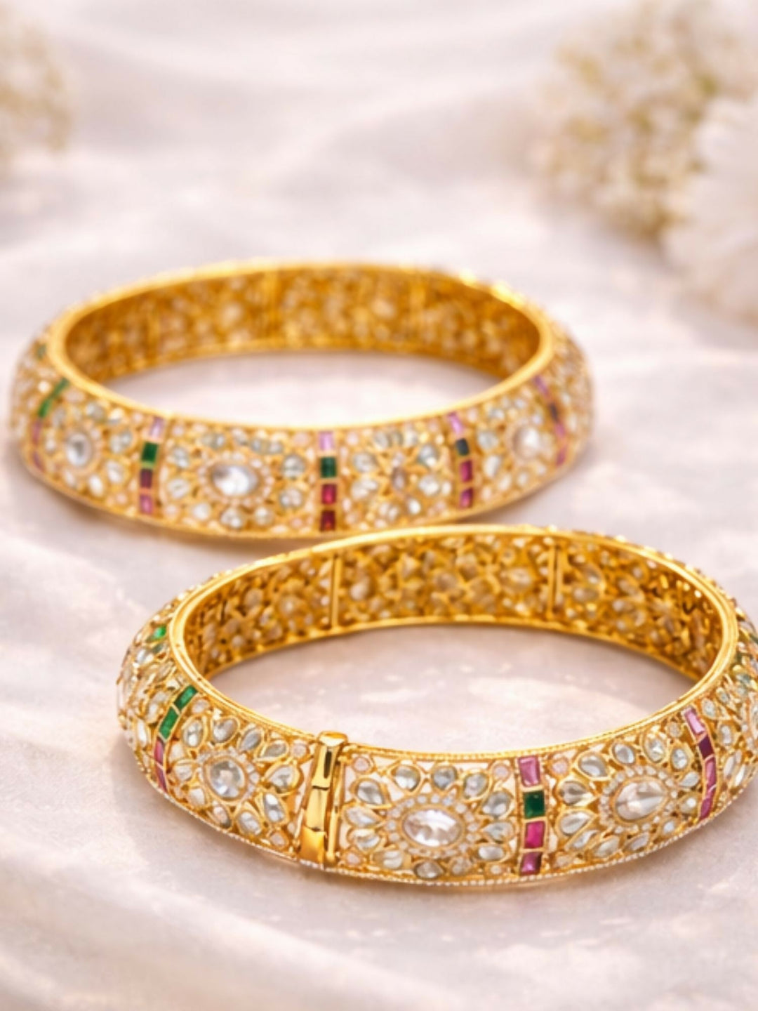 Gold Plated Bridal Floral Moissanite Bangles | SHOBITAM