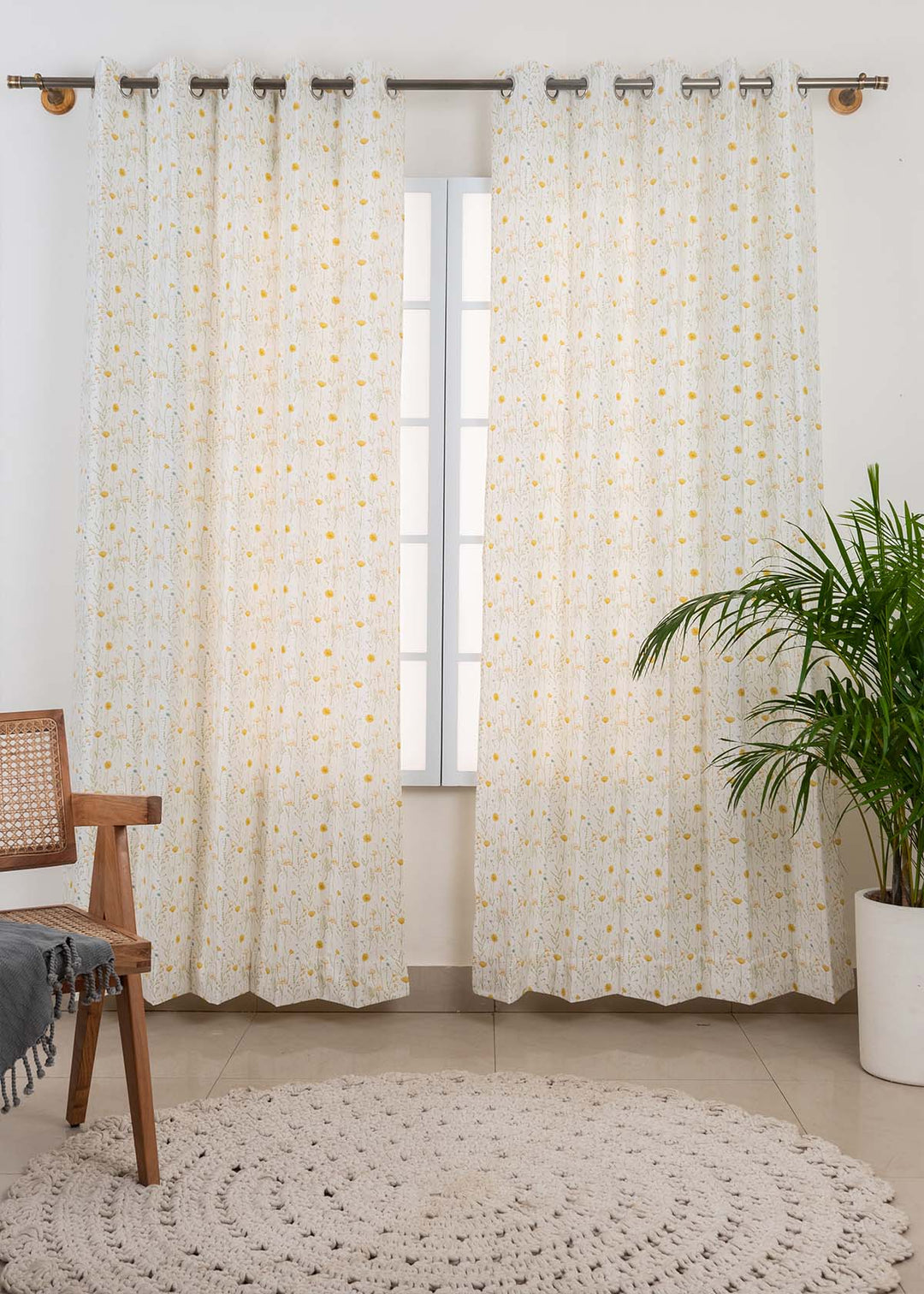 Drifting Dandelion Yellow 100% cotton floral curtain for kids room, living room - Light Reduction - Single Piece | SHOBITAM