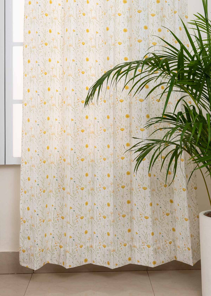 Drifting Dandelion Yellow 100% cotton floral curtain for kids room, living room - Light Reduction - Single Piece | SHOBITAM