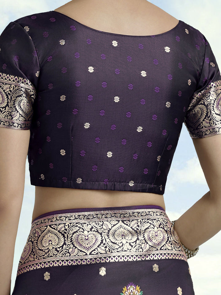Purple Banarasi Zari Woven Satin Silk Saree | SHOBITAM