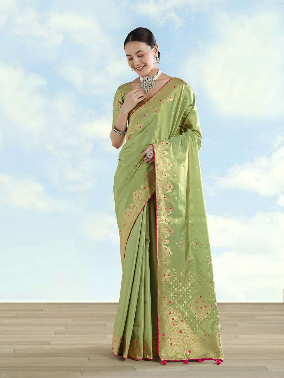 Parrot Green Color Paisley Zari Woven Semi Banarasi Tissue Silk Saree | SHOBITAM