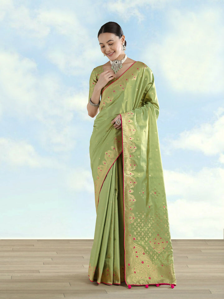 Parrot Green Color Paisley Zari Woven Semi Banarasi Tissue Silk Saree | SHOBITAM