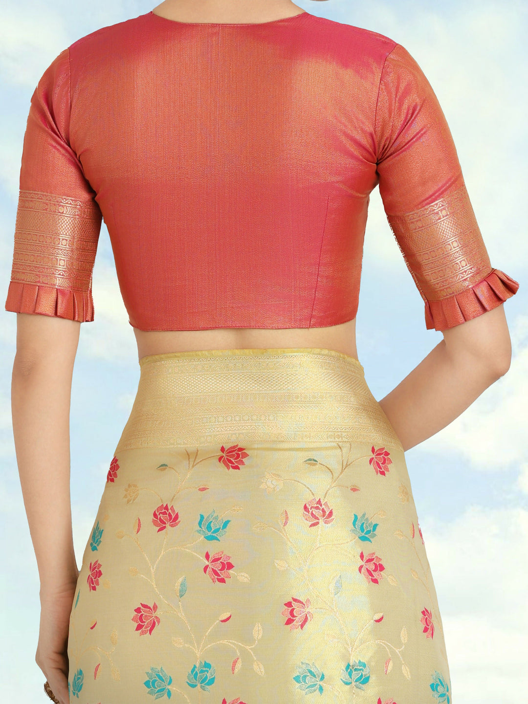Cream Semi Banarasi tissue silk saree | SHOBITAM