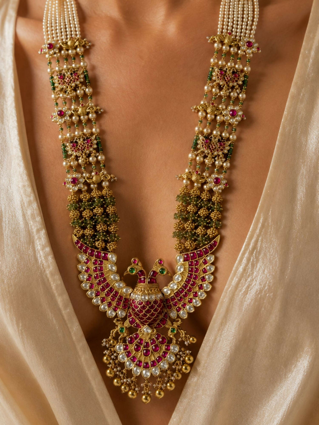 Royal Peacock Kundan Necklace Set with Pearl Layers & Emerald Accents | Shobitam