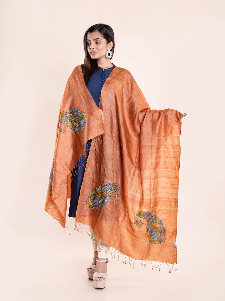 Brown Kantha Tussar Silk Dupatta | SHOBITAM