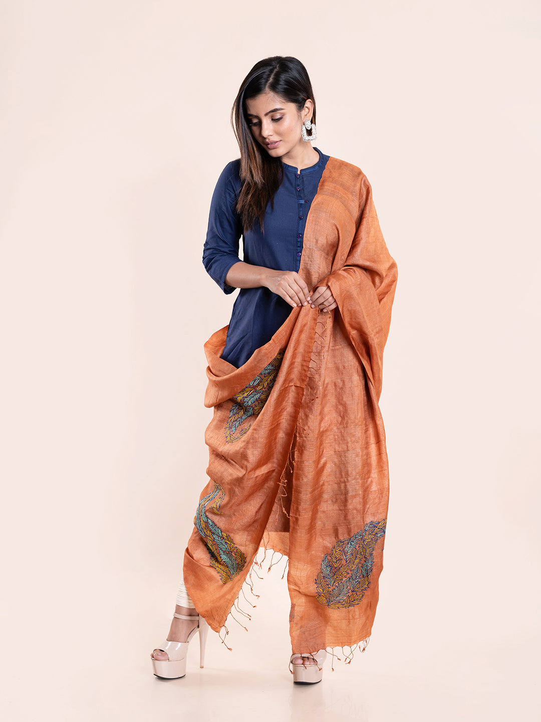 Brown Kantha Tussar Silk Dupatta | SHOBITAM