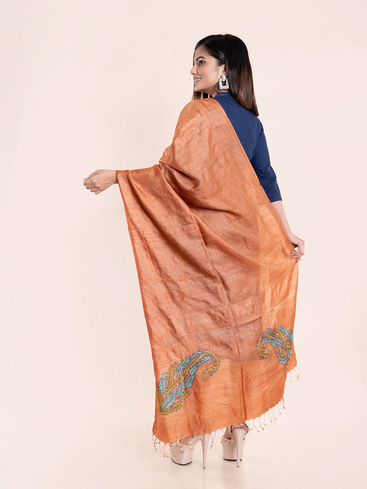 Brown Kantha Tussar Silk Dupatta | SHOBITAM
