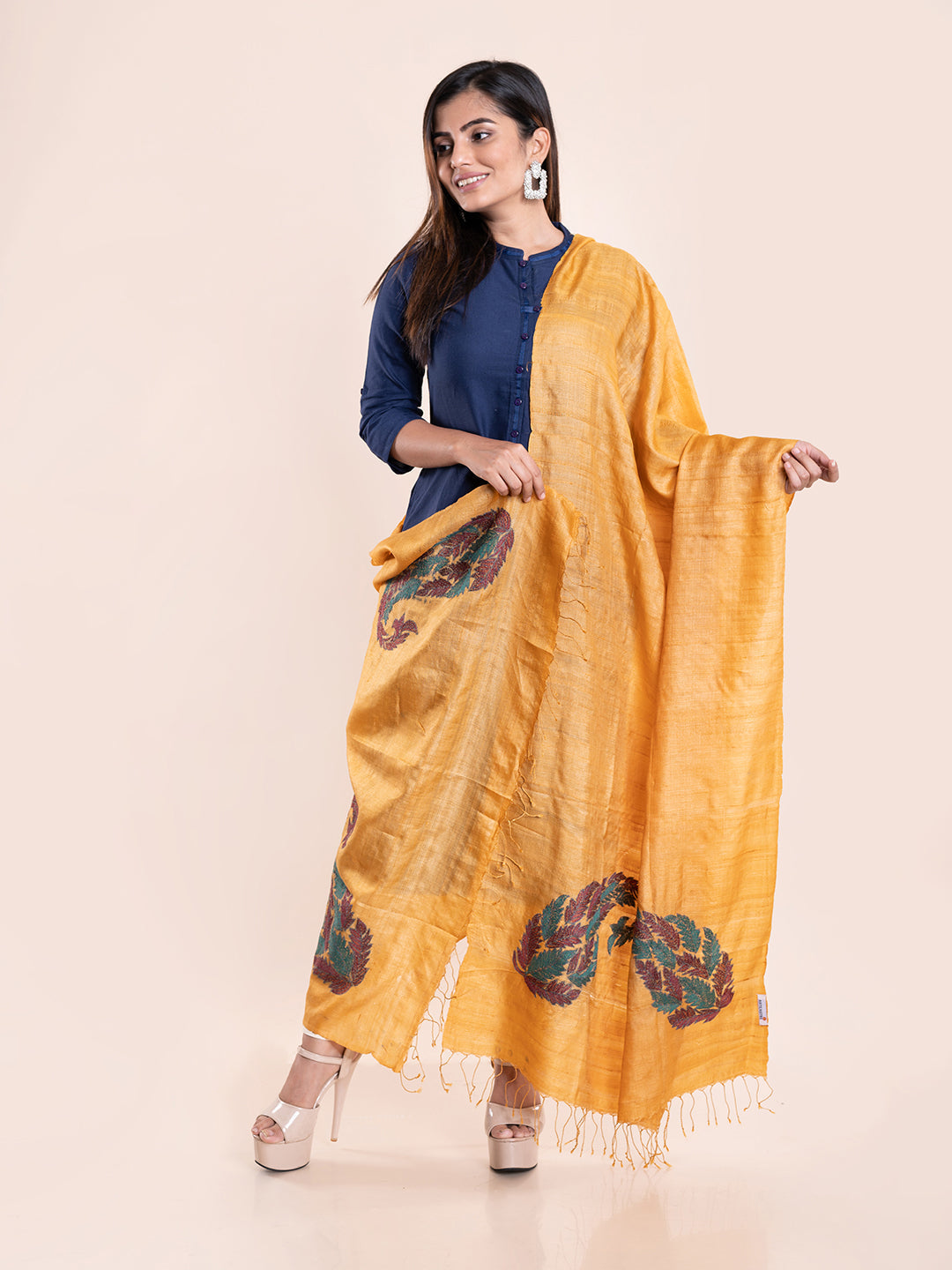 Mustard Yellow Kantha Tussar Silk Dupatta | SHOBITAM