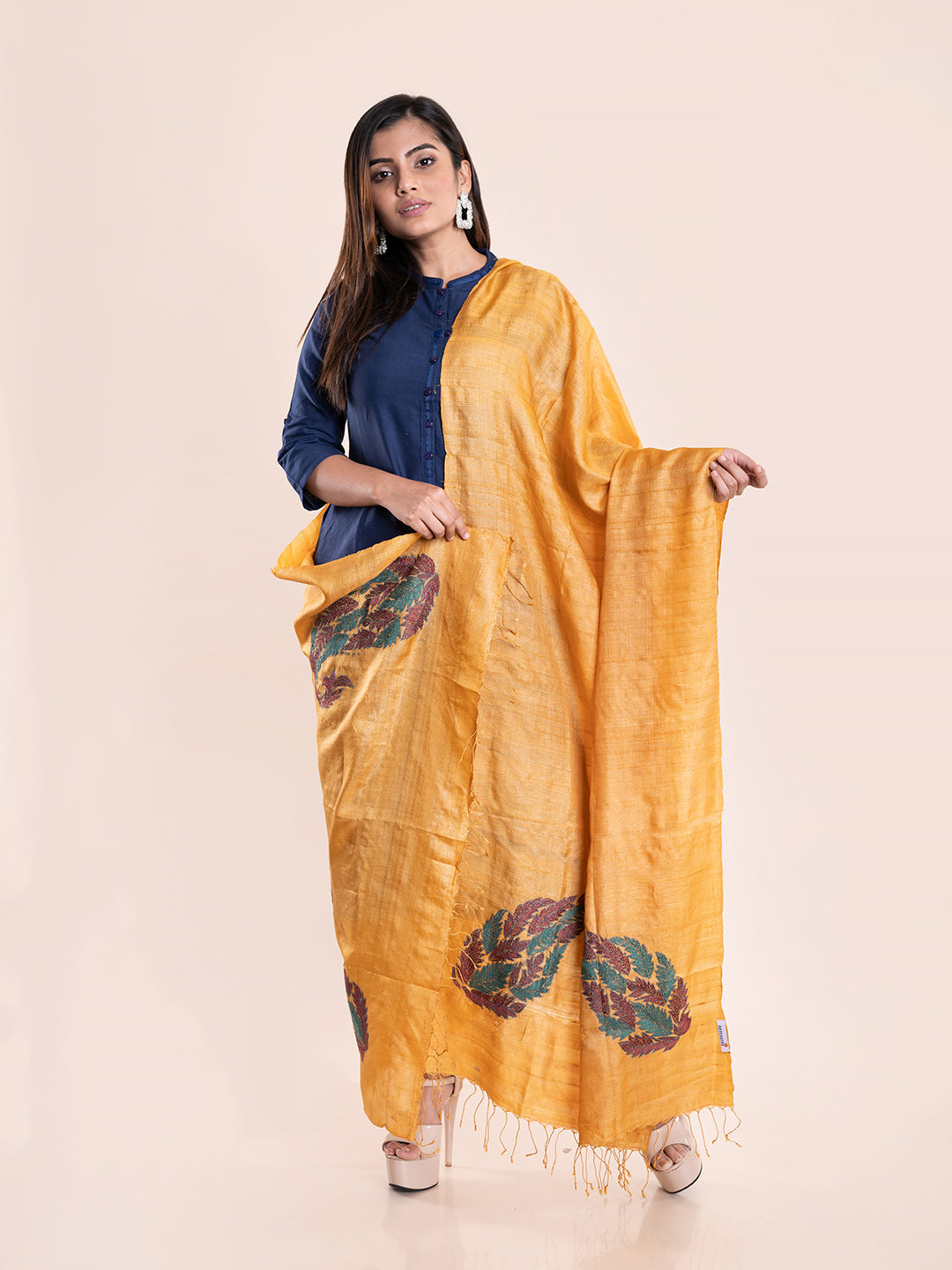 Mustard Yellow Kantha Tussar Silk Dupatta | SHOBITAM