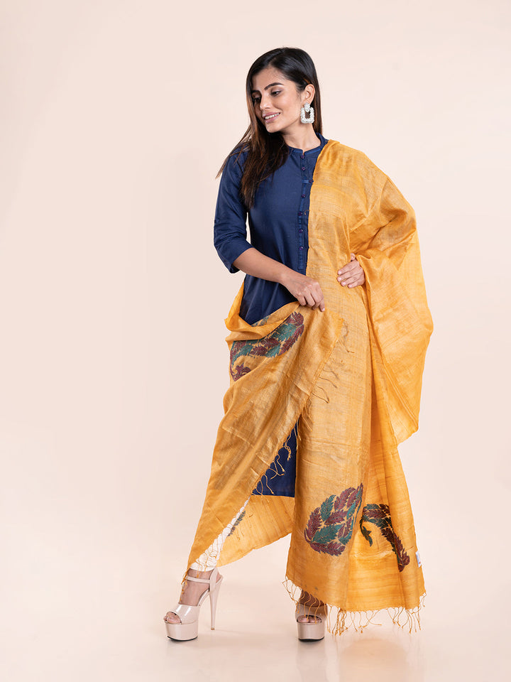 Mustard Yellow Kantha Tussar Silk Dupatta | SHOBITAM