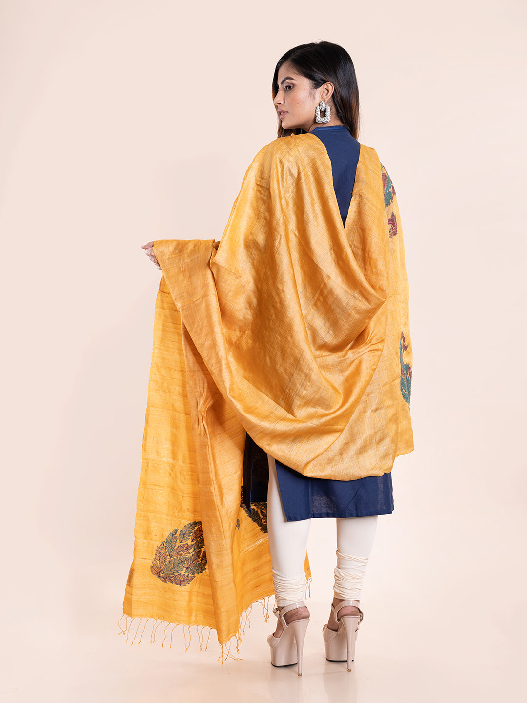 Mustard Yellow Kantha Tussar Silk Dupatta | SHOBITAM