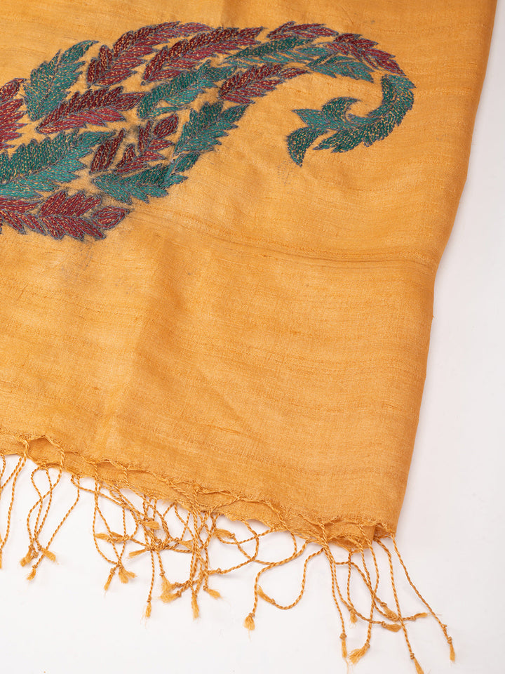 Mustard Yellow Kantha Tussar Silk Dupatta | SHOBITAM